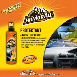 ARMORALL PROTECTANT SPREY, VİNİL, KAUCUK, PLASTİK, DERİ VE AHSAP GİBİ YUZEYLERİ TEMİZLER, KORUR BOZULMASINI YAVASLATIR. GÜNEŞ IŞINLARINA KARŞI UV KORUMASI SAGLAR. PARLAK 300ML. resmi