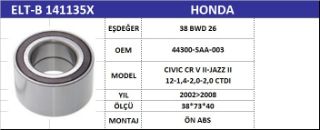 AKS BİLYASI ÖN B141135X 38BWD26 CIVIC CRV-II JAZZ-II 1.2 1.4 2.0 2.0CTDI ABSLİ resmi