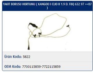 YAKIT BORUSU HORTUMU KANGOO I-CLİO II 1.9 D. F8Q 632 97 07 resmi