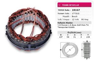 STATOR BOSCH TİP 12V 90A PASSAT 1 9 BORA GOLF POLO T4 PORTER V184 TOYOTA BENZİNLİ NURSAN 177212 resmi