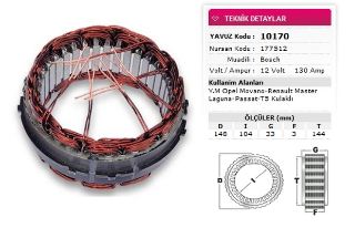 STATOR BOSCH TİP 12V 130A YM OPEL MOVANO MASTER LAGUNA PASSAT T5 KULAKLI NURSAN 177512 resmi