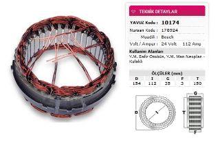 STATOR BOSCH TİP 24V 112A YM SAFIR OTOBUS YM MAN NEOPLAN YM ARACLARDA KULAKLI NURSAN 178924 resmi