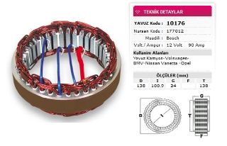 STATOR BOSCH TİP 12V 90A YAVUZ KAMYON VOLSWAGEN BMV NİSSAN VANETTA OPEL NURSAN 177012 resmi