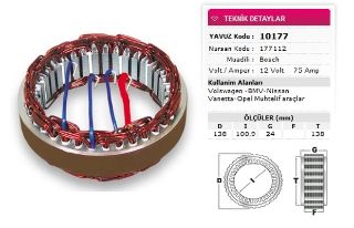 STATOR BOSCH TİP 12V 75A VOLSWAGEN BMW NİSSAN VANETTA OPEL MUHTELİF ARACLAR NURSAN 177112 resmi