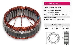 STATOR JAPON TİP 12V 50A İSUZU MOTORLU J9 PREMIER DAR NURSAN 130412 resmi