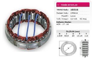 STATOR LUCAS TİP 12V 45A ACR 17 18 NURSAN 190212 resmi