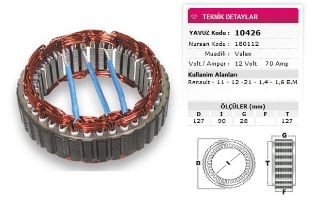 STATOR VALEO TİP 12V 70A RENAULT 11 12 21 1,4 1,6 EM NURSAN 180112 resmi